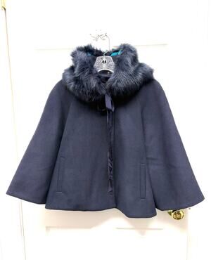 Tahari Capelet Nadja Navy L/XL Removable Faux Fur Collar Teal Satin Lined